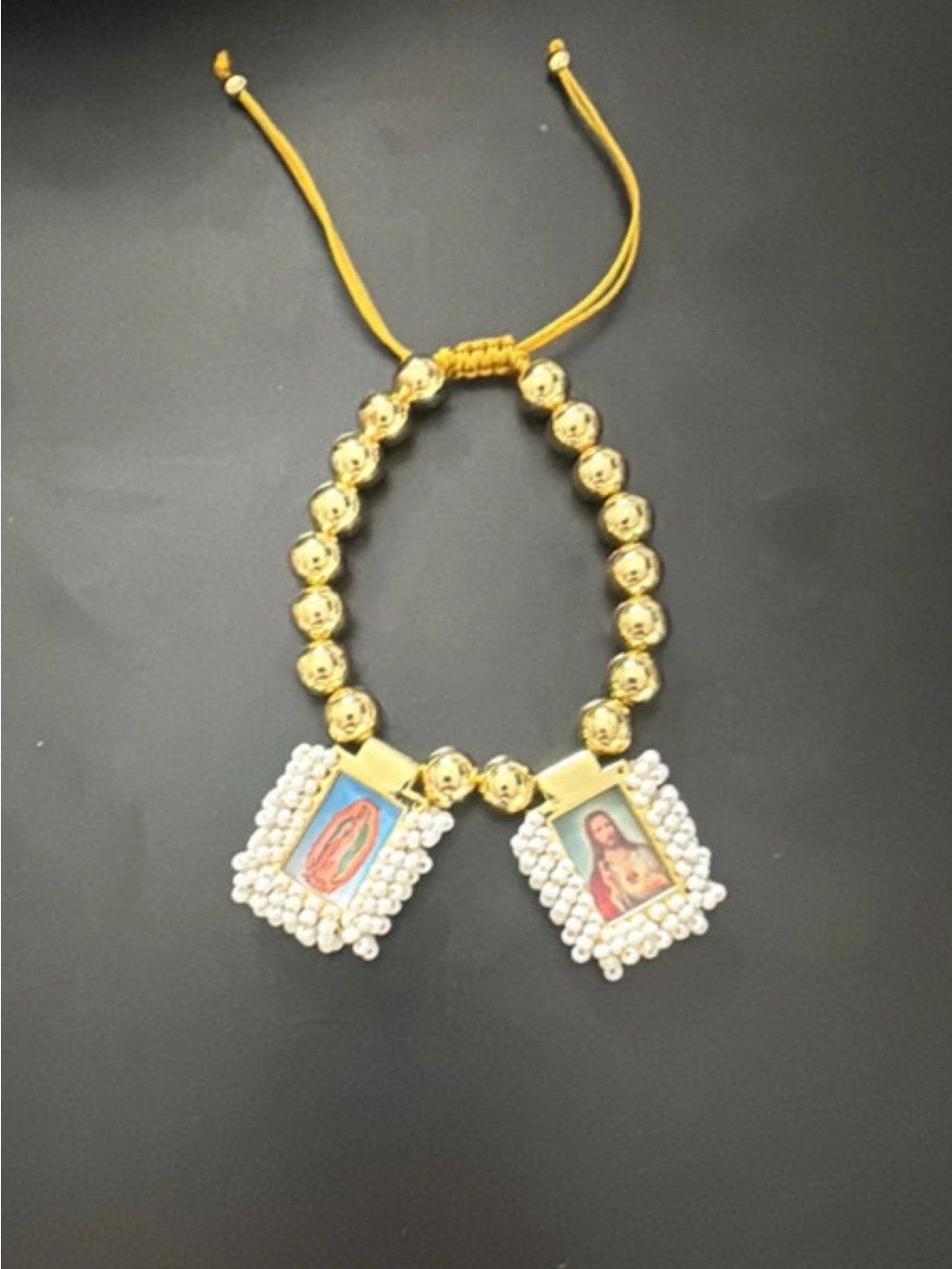Gold-Tone Religious Bead Bracelet with Double Icon Charms - Gold